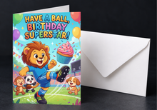 Load image into Gallery viewer, Soccer Birthday Card, Cute Lion Sports Greeting Card for Kids, Printed Boys Birthday Card, Have a Ball Sports Theme Party Card with Envelope