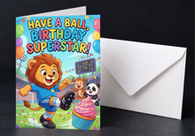Load image into Gallery viewer, Soccer Birthday Card, Cute Lion Sports Greeting Card for Boys Kids, Printed Physical Card, Have a Ball Soccer Birthday Party Supplies