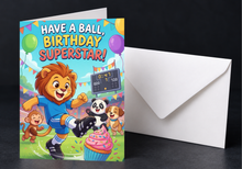 Load image into Gallery viewer, Printed Soccer Birthday Card, Sports Themed Greeting Card for Kids, Boys Soccer Party Card, Cute Animal Birthday Card with Envelope