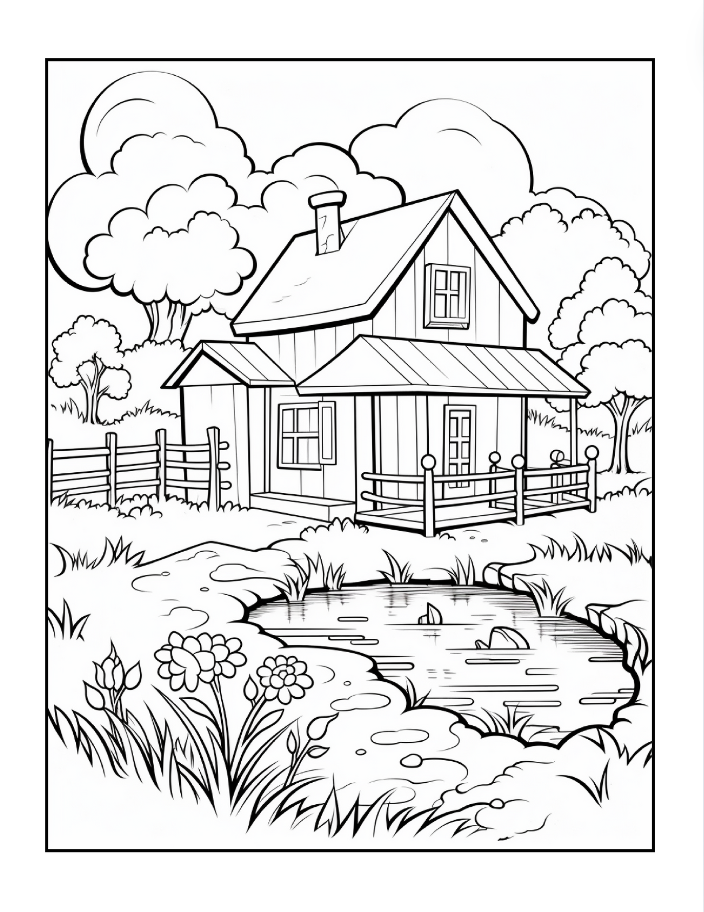 Vintage Cottage House with Garden Coloring Book for Adults Men Women Kids Boys Girls: 50 Pages Village Relaxing Home Coloring Book