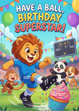 Load image into Gallery viewer, Printed Soccer Birthday Card, Sports Themed Greeting Card for Kids, Boys Soccer Party Card, Cute Animal Birthday Card with Envelope