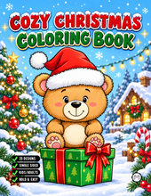 Load image into Gallery viewer, Cozy Christmas Coloring Book for Kids Adults: 25 Bold Easy Single Sided Holiday Coloring Pages with Cute Kitten Santa Snowman Designs