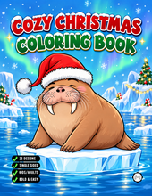 Load image into Gallery viewer, Cozy Christmas Coloring Book for Kids Adults: 25 Bold Easy Single Sided Holiday Coloring Pages with Cute Kitten Santa Snowman Designs