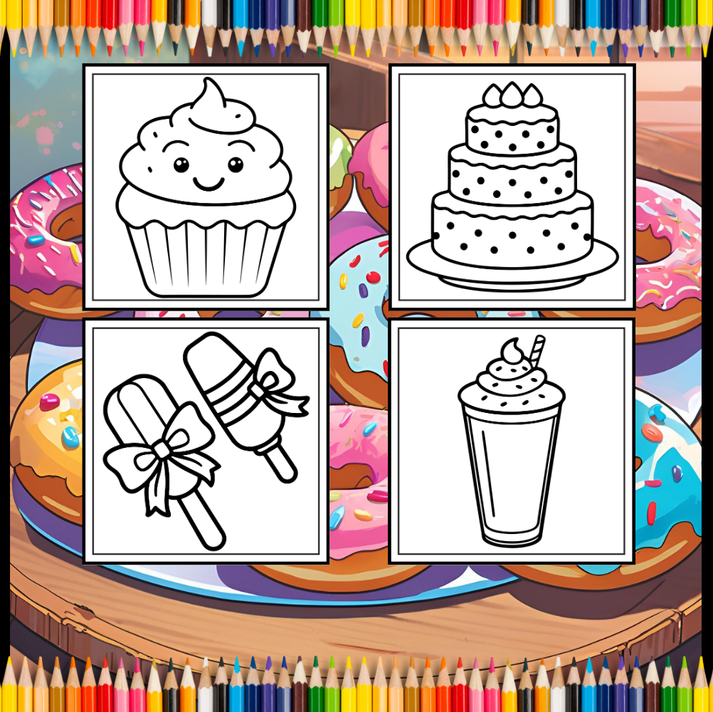 50 Pages Bold and Easy Sweet Treats Food Coloring Book Gift for Kids Boys Girls Young Teens Children Youth Food Drink Sweets Coloring Book