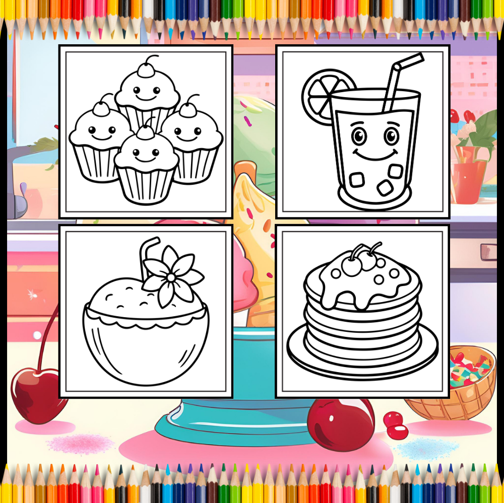 Bold and Easy Sweet Treats Food Coloring Book Gift for Kids Boys Girls Young Teens Children Youth 50 Pages Food Drink Sweets Coloring Book