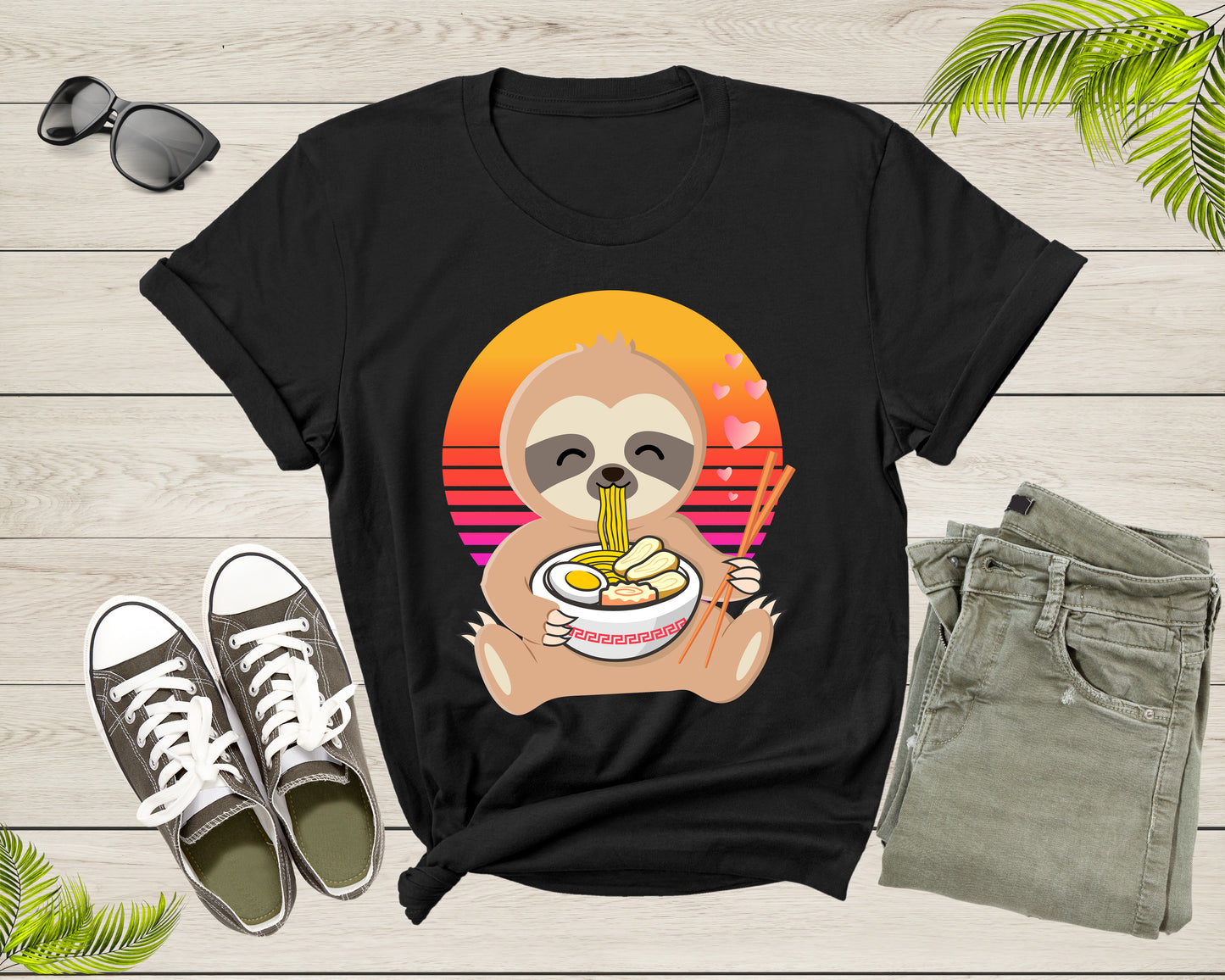 Cute Sloth Mascot Eating Japanese Ramen Noodle Retro Sunset T-Shirt Sloth Lover Gift T Shirt for Men Women Kids Boys Girls Graphic Tshirt
