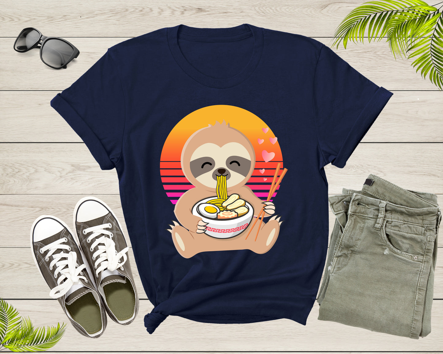 Cute Sloth Mascot Eating Japanese Ramen Noodle Retro Sunset T-Shirt Sloth Lover Gift T Shirt for Men Women Kids Boys Girls Graphic Tshirt