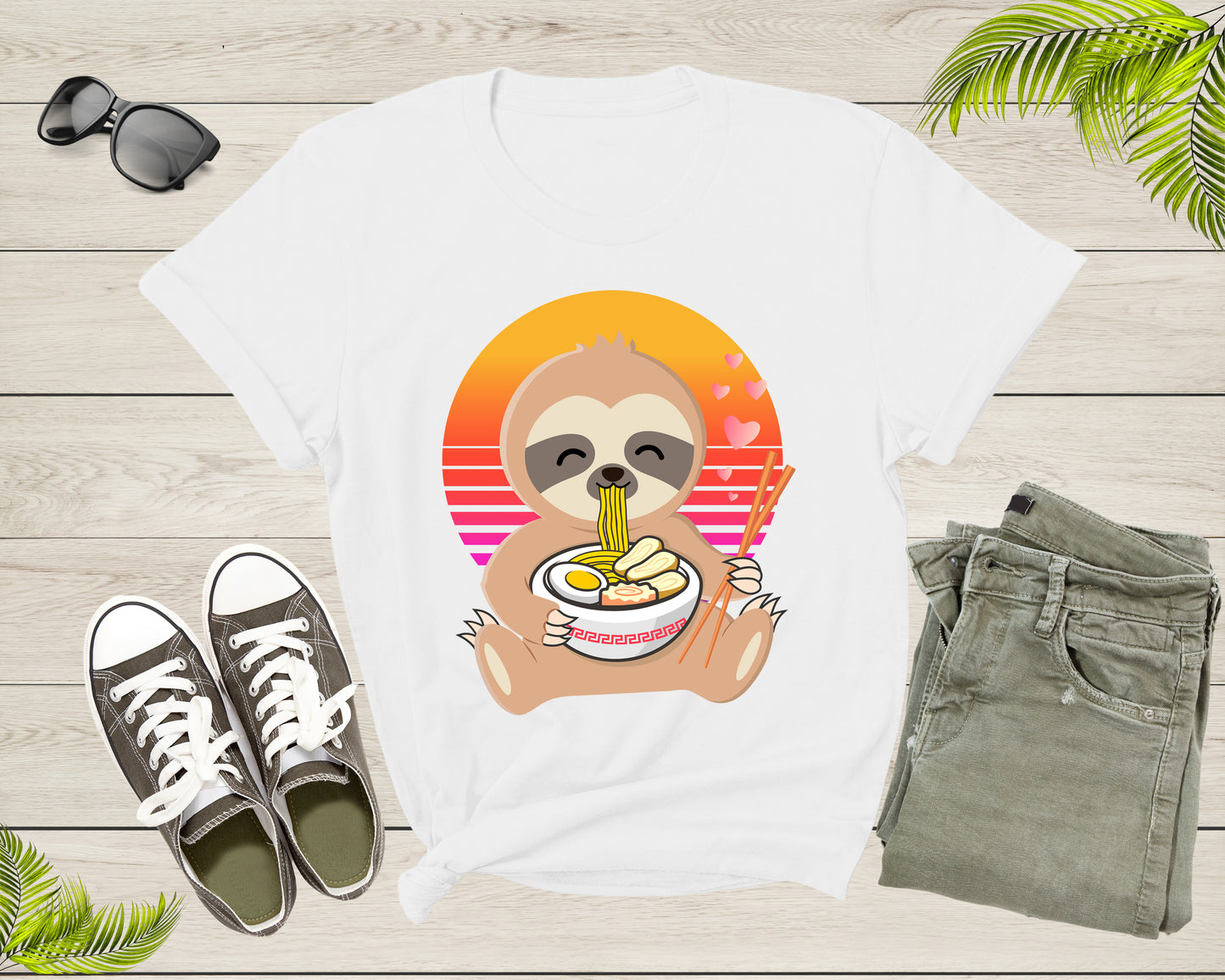 Cute Sloth Mascot Eating Japanese Ramen Noodle Retro Sunset T-Shirt Sloth Lover Gift T Shirt for Men Women Kids Boys Girls Graphic Tshirt