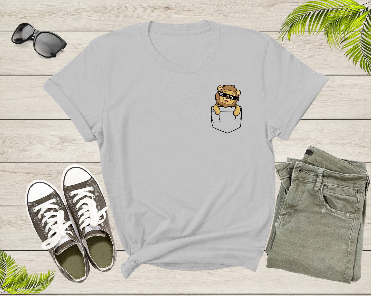 Cool Funny Lion in the Pocket with Meme Sunglasses Animal T-Shirt King Lion T Shirt Gift for Men Women Kids Boys Girls Pocket Lion Tshirt