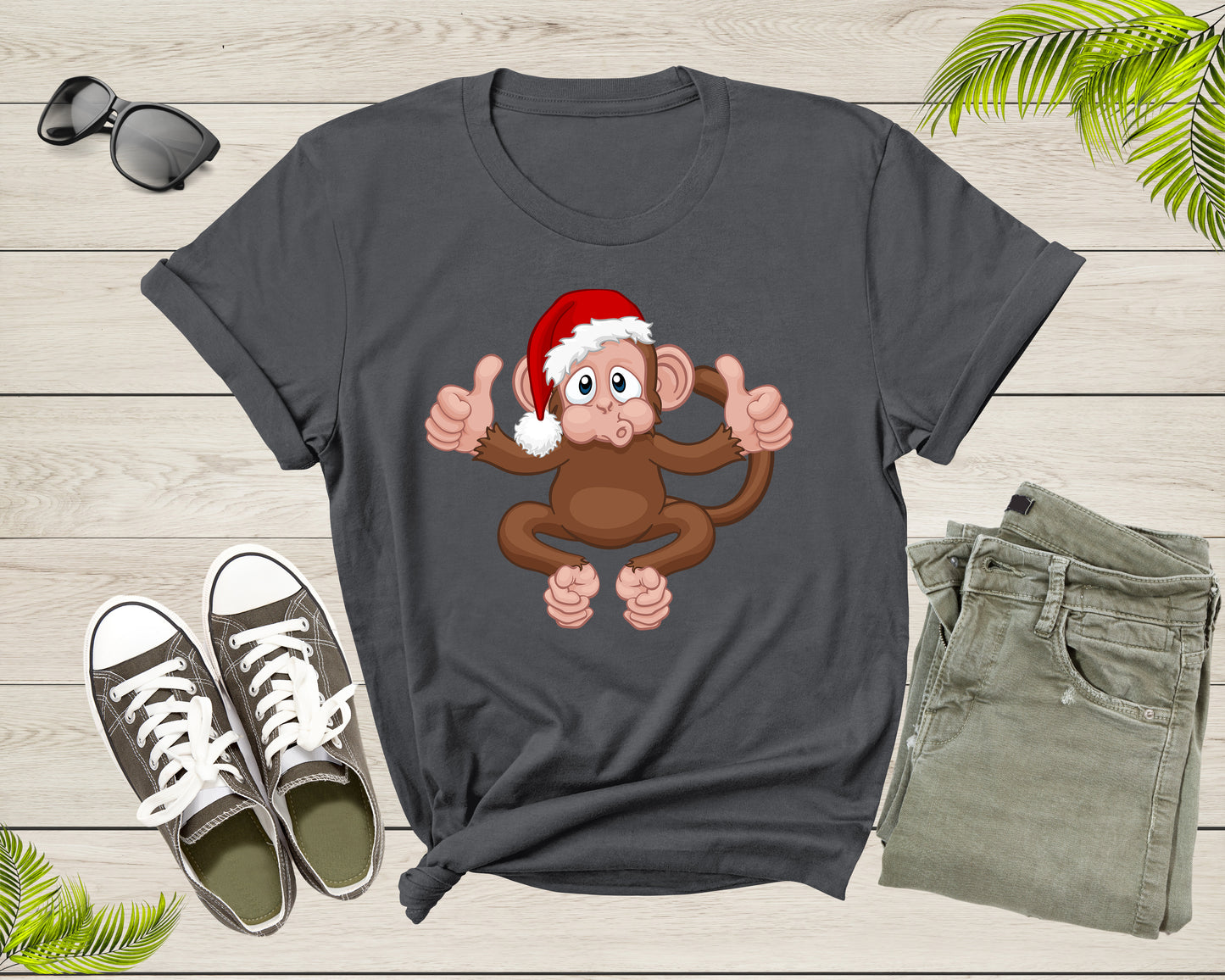 Fun Monkey Wearing Xmas Hat Cute Animal Cartoon Character T-Shirt Monkey Lover Gift T Shirt for Men Women Kids Boys Girls Graphic Tshirt