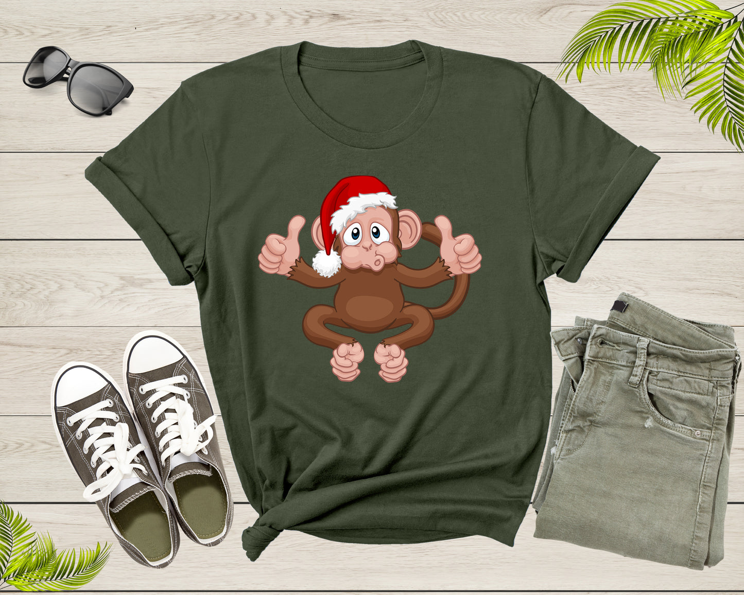Fun Monkey Wearing Xmas Hat Cute Animal Cartoon Character T-Shirt Monkey Lover Gift T Shirt for Men Women Kids Boys Girls Graphic Tshirt
