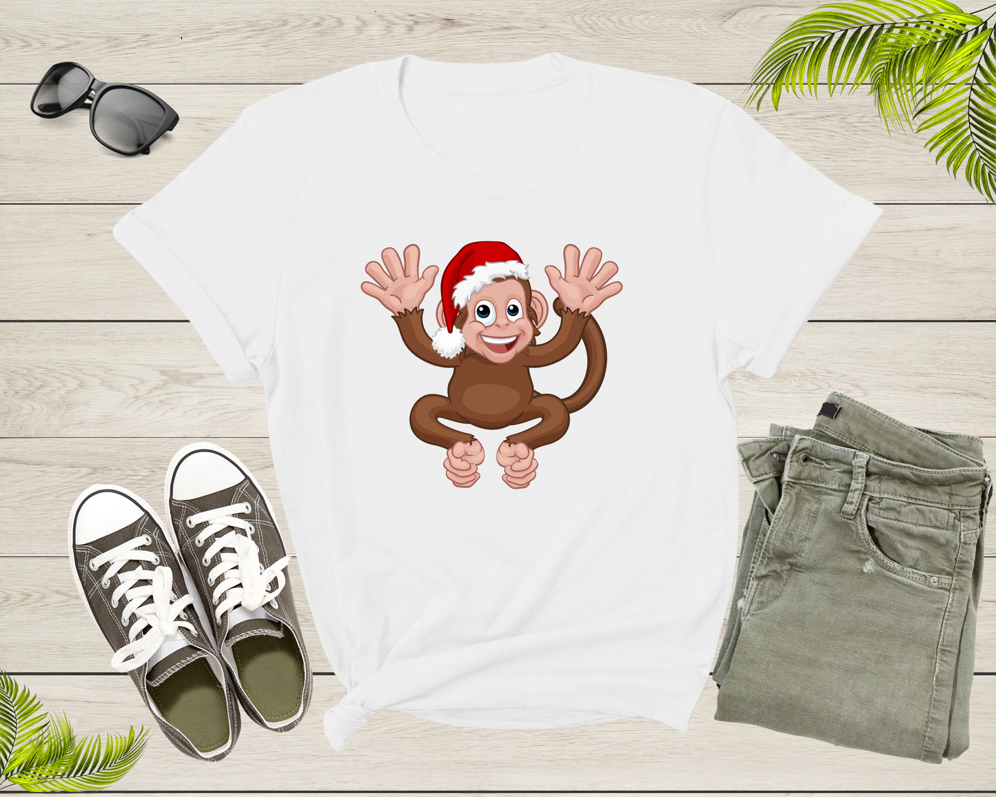 Fun Monkey Wearing Xmas Hat Cute Animal Cartoon Character T-Shirt Monkey Lover Gift T Shirt for Men Women Kids Boys Girls Graphic Tshirt