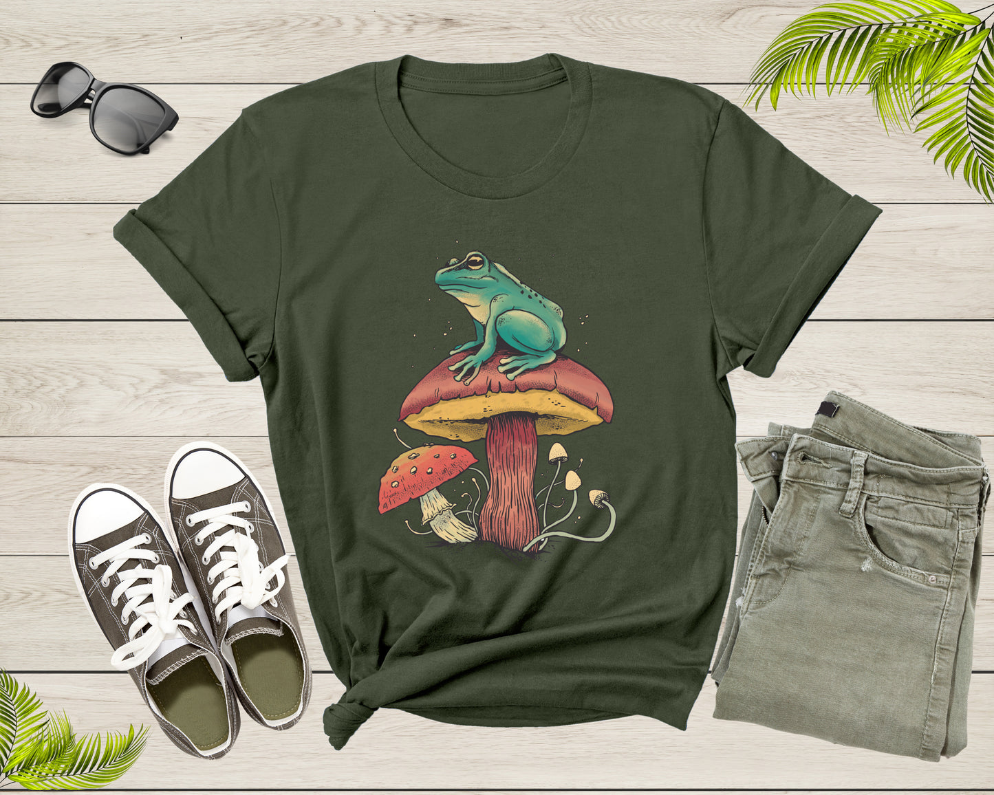 Cool Green Frog Toad Animal Sitting on Mushrooms Thinking T-Shirt Frog Lover Shirt Frog And Toad Mushroom Shirt Frog Lover Animal Tshirt