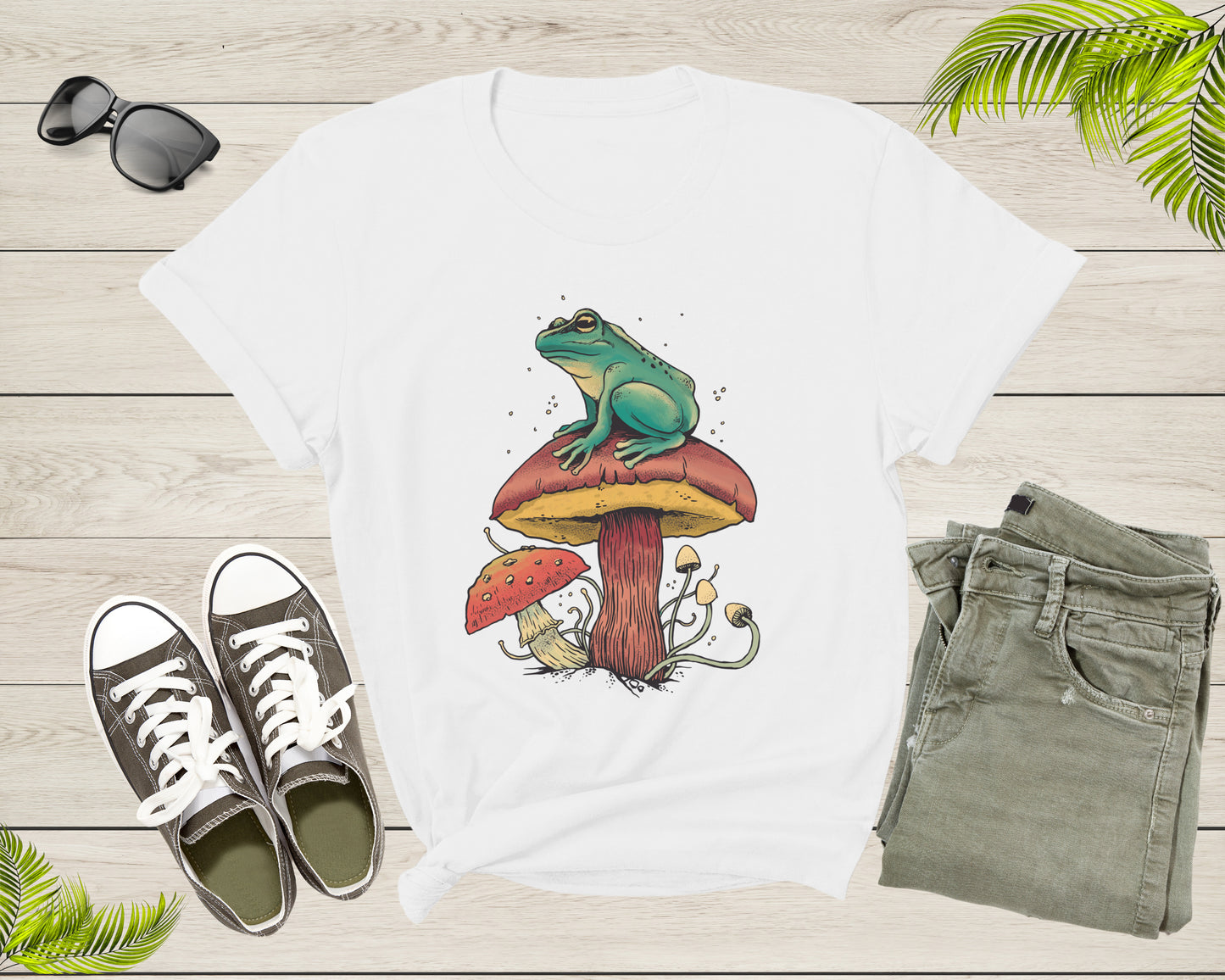 Cool Green Frog Toad Animal Sitting on Mushrooms Thinking T-Shirt Frog Lover Shirt Frog And Toad Mushroom Shirt Frog Lover Animal Tshirt