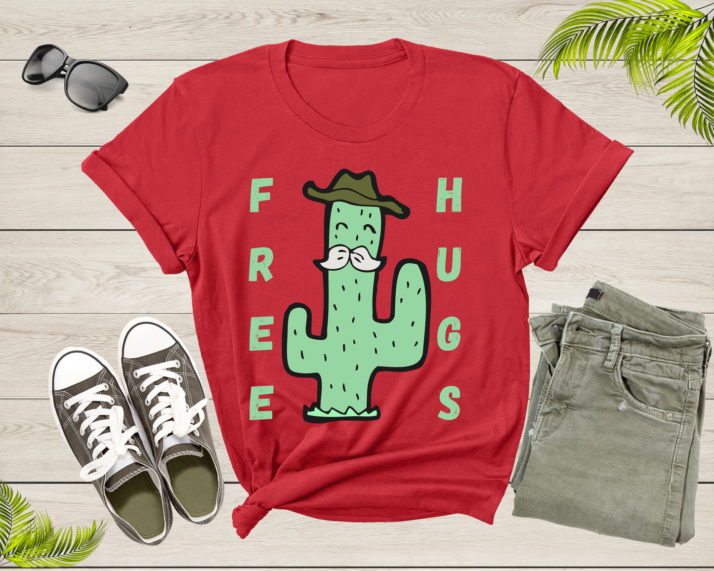 Funny Desert Cactus Cowboy Hat Mustache Free Hugs Sarcastic T-Shirt Cactus Lover Gift T Shirt for Men Women Kids Boys Girls Graphic Tshirt