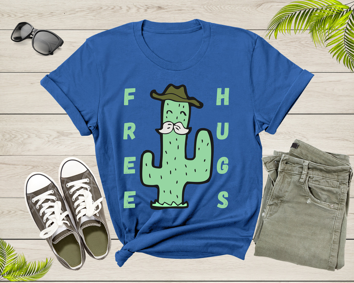 Funny Desert Cactus Cowboy Hat Mustache Free Hugs Sarcastic T-Shirt Cactus Lover Gift T Shirt for Men Women Kids Boys Girls Graphic Tshirt