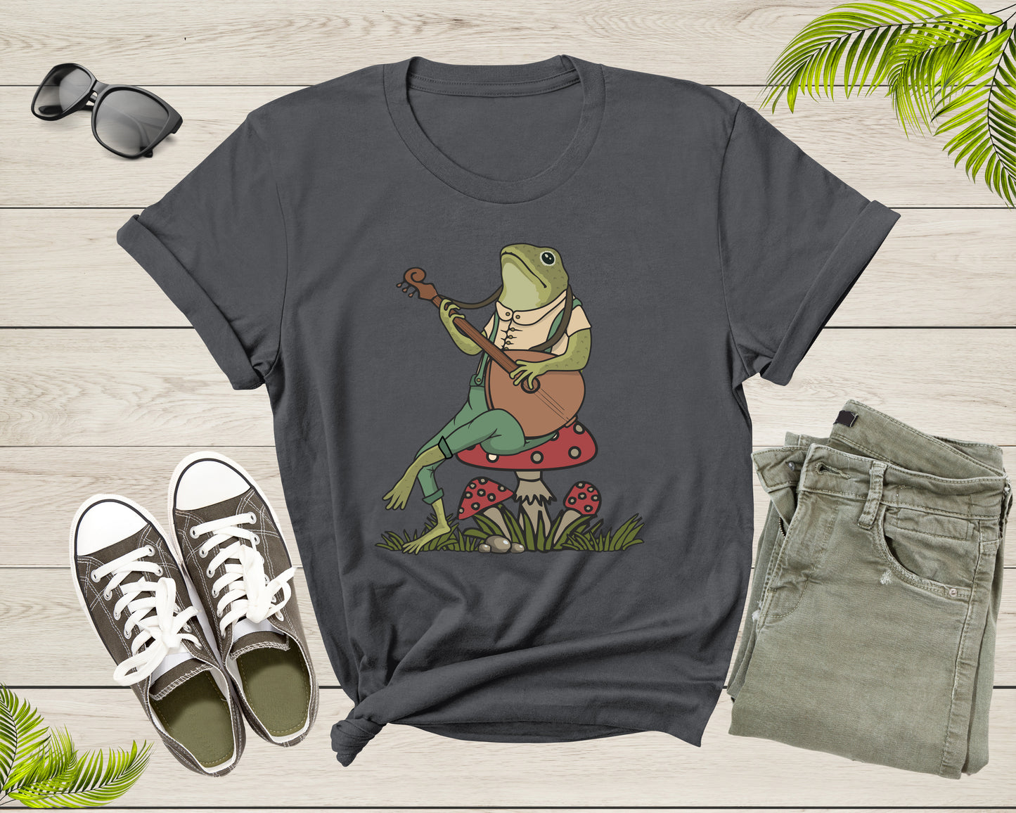 Green Frog Toad Animal Sitting on Mushrooms Playing Music T-Shirt Frog Lover Shirt Frog And Toad Mushroom Shirt Frog Lover Animal Tshirt