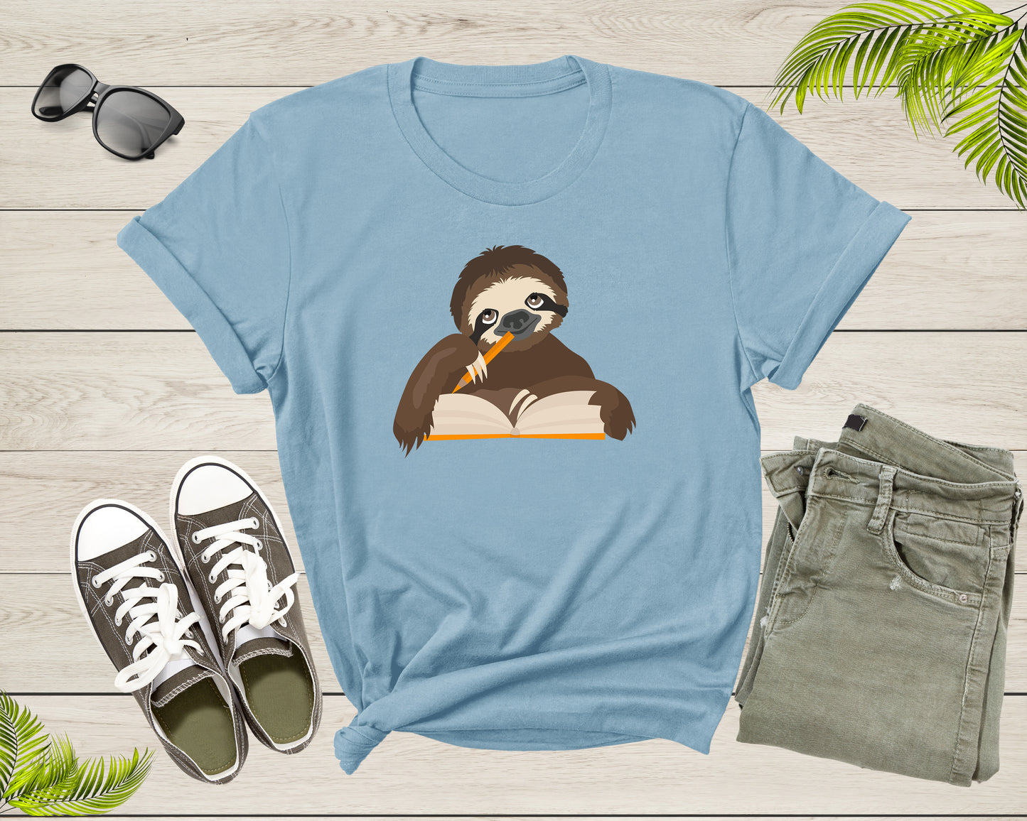 Happy Student Sloth Reading Writing Book Study Pencil Desk T-Shirt Reading Sloth Lover Gift T Shirt for Men Women Kids Boys Girls Tshirt