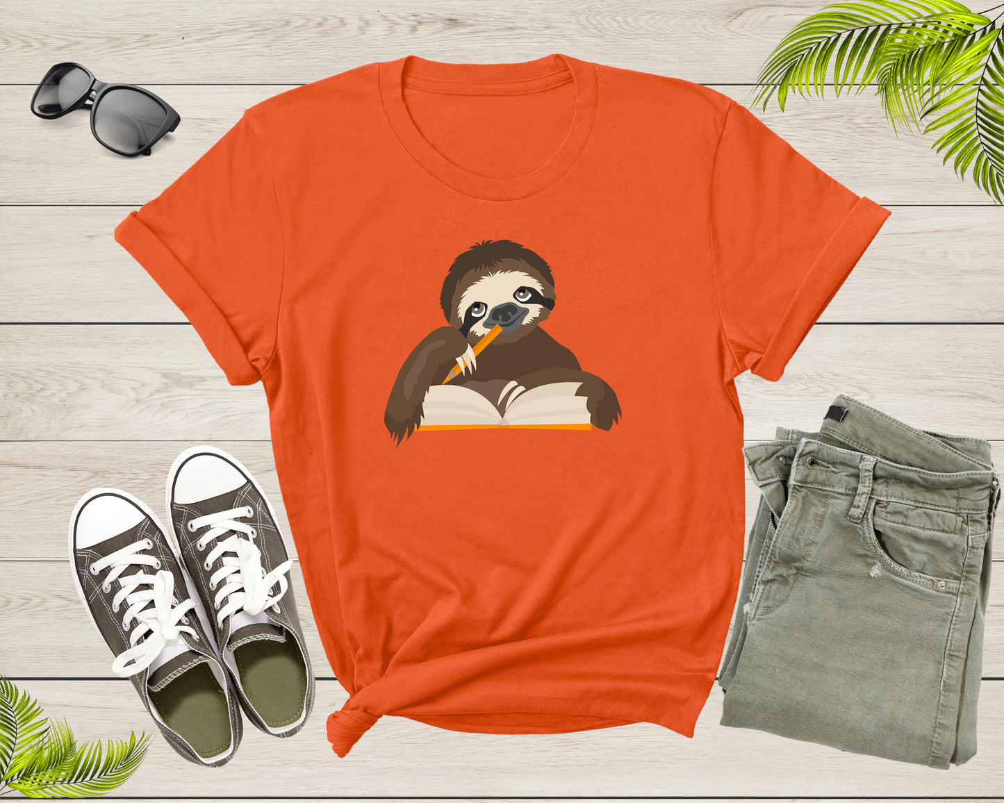 Happy Student Sloth Reading Writing Book Study Pencil Desk T-Shirt Reading Sloth Lover Gift T Shirt for Men Women Kids Boys Girls Tshirt