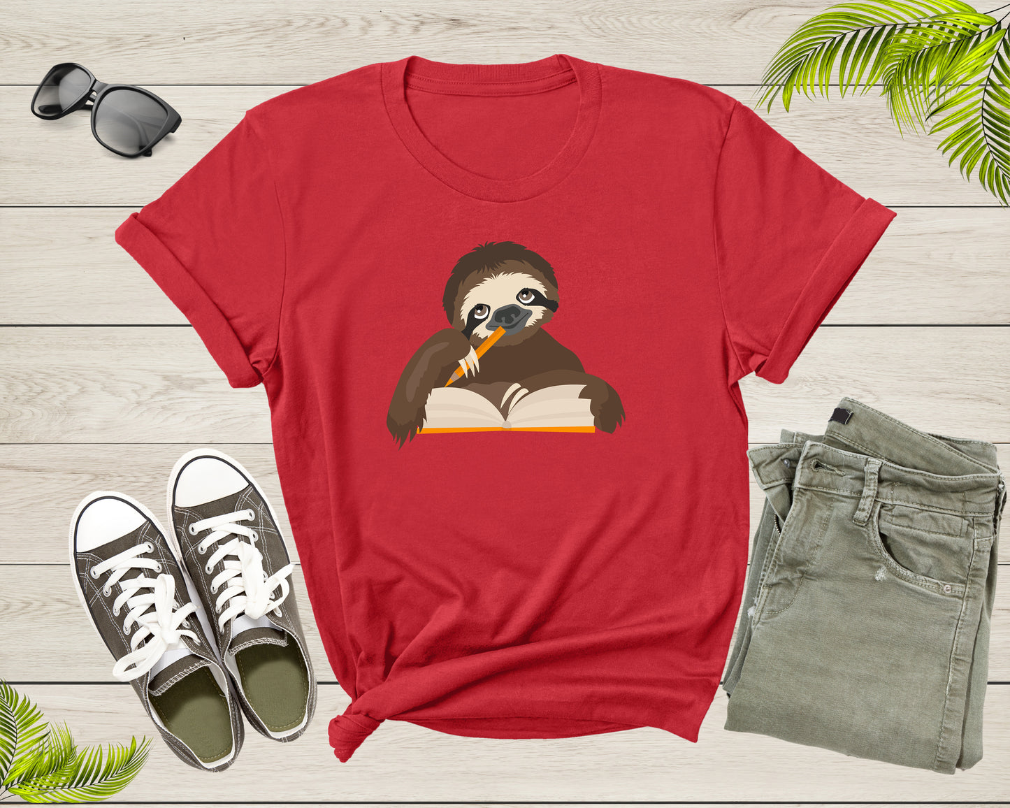 Happy Student Sloth Reading Writing Book Study Pencil Desk T-Shirt Reading Sloth Lover Gift T Shirt for Men Women Kids Boys Girls Tshirt