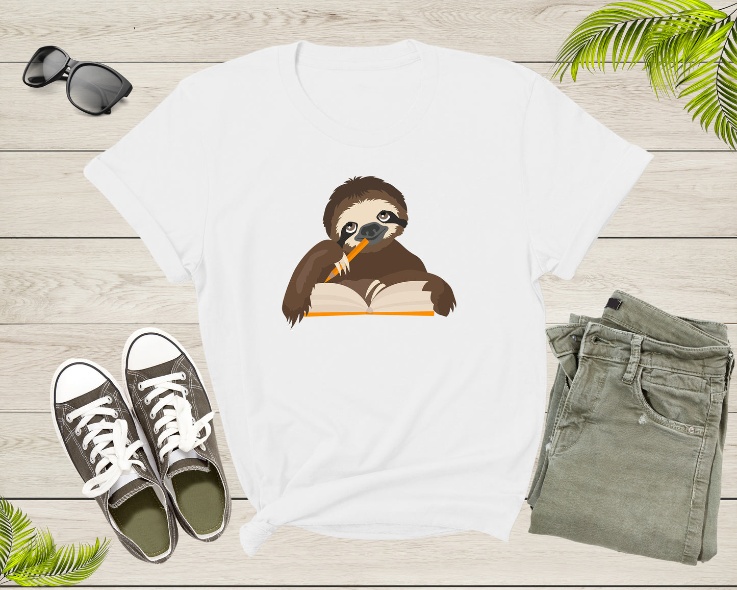 Happy Student Sloth Reading Writing Book Study Pencil Desk T-Shirt Reading Sloth Lover Gift T Shirt for Men Women Kids Boys Girls Tshirt