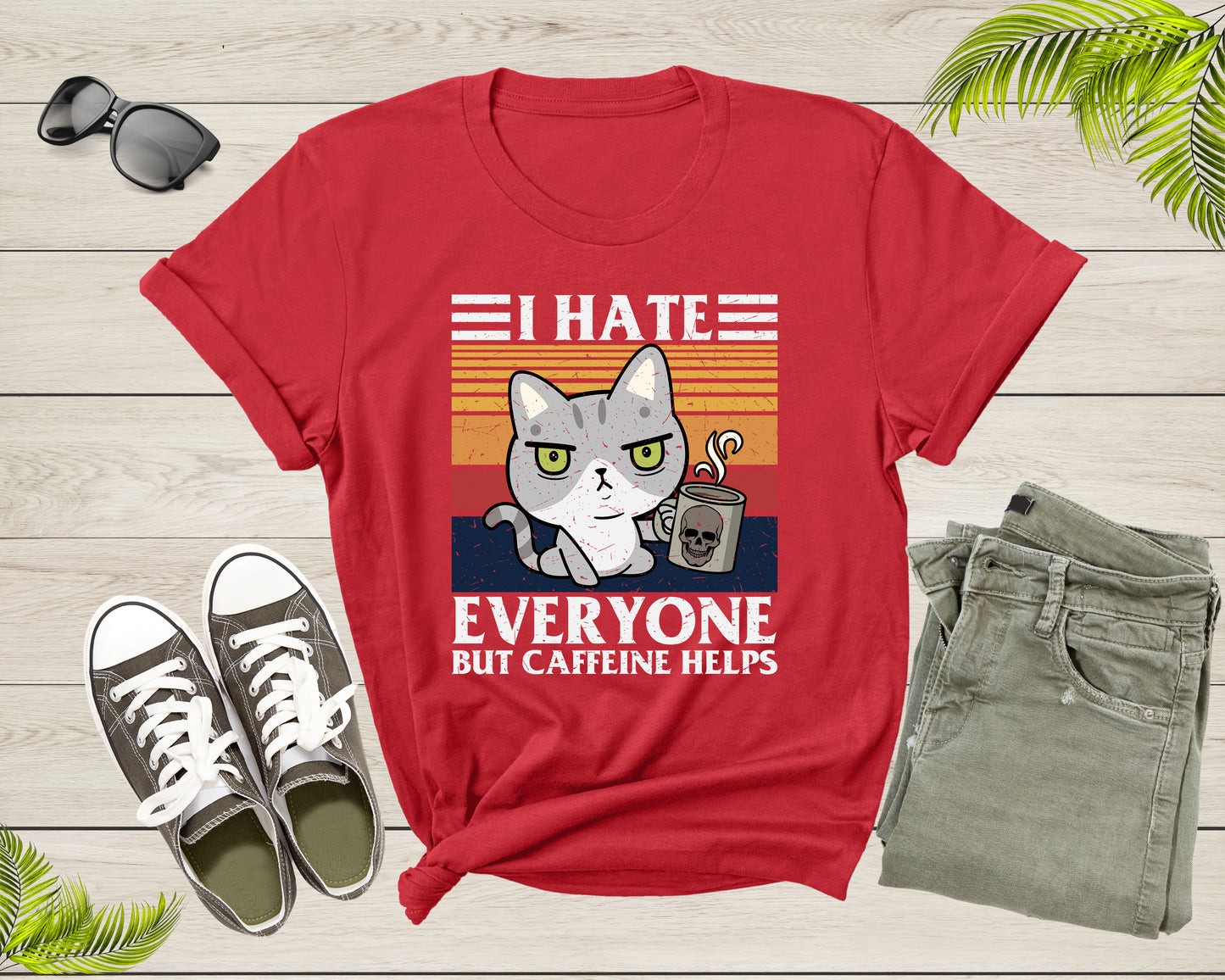 I Hate Everyone But Caffeine Helps Funny Sarcastic Angry Cat T-Shirt Angry Cat Lover Gift T Shirt for Men Women Kids Boys Girls Tshirt