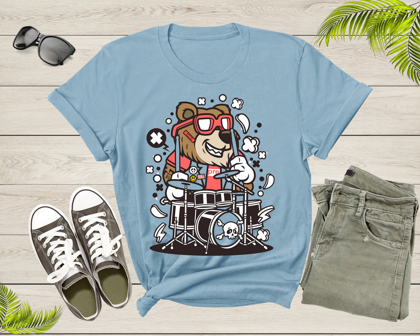 Music Band Bear Drummer Percussion Rocker Bear Musician T-Shirt Drummer Music Lover Gift T Shirt for Men Women Kids Boys Girls Teens Tshirt