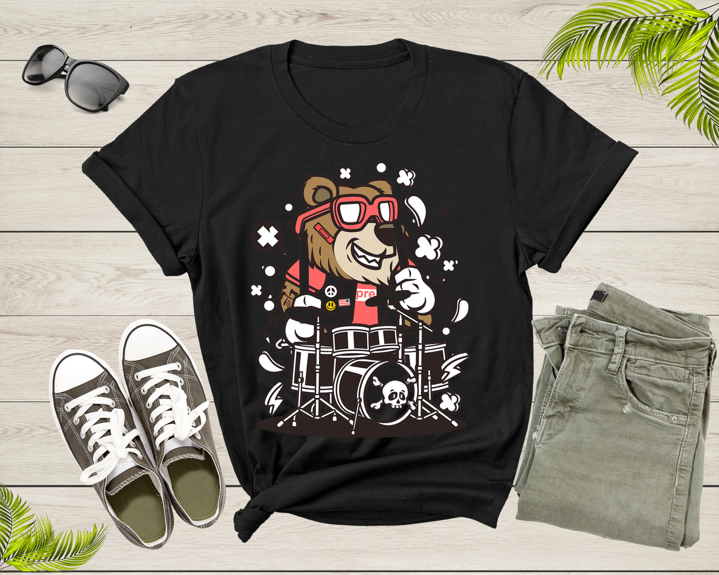 Music Band Bear Drummer Percussion Rocker Bear Musician T-Shirt Drummer Music Lover Gift T Shirt for Men Women Kids Boys Girls Teens Tshirt