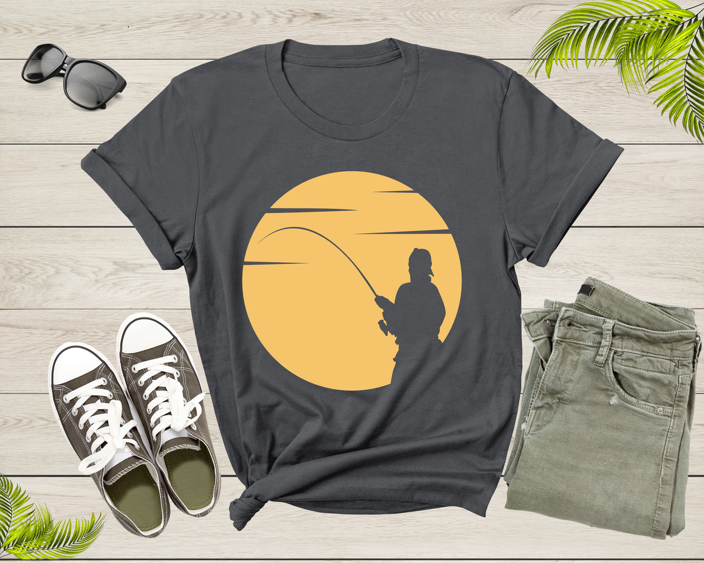 Cool Fisherman Fishing by the Lake at Sunset Fishing Rod T-Shirt Fisher Shirt for Men Women Kids Boys Girls Fishing at Sunset Gift Tshirt