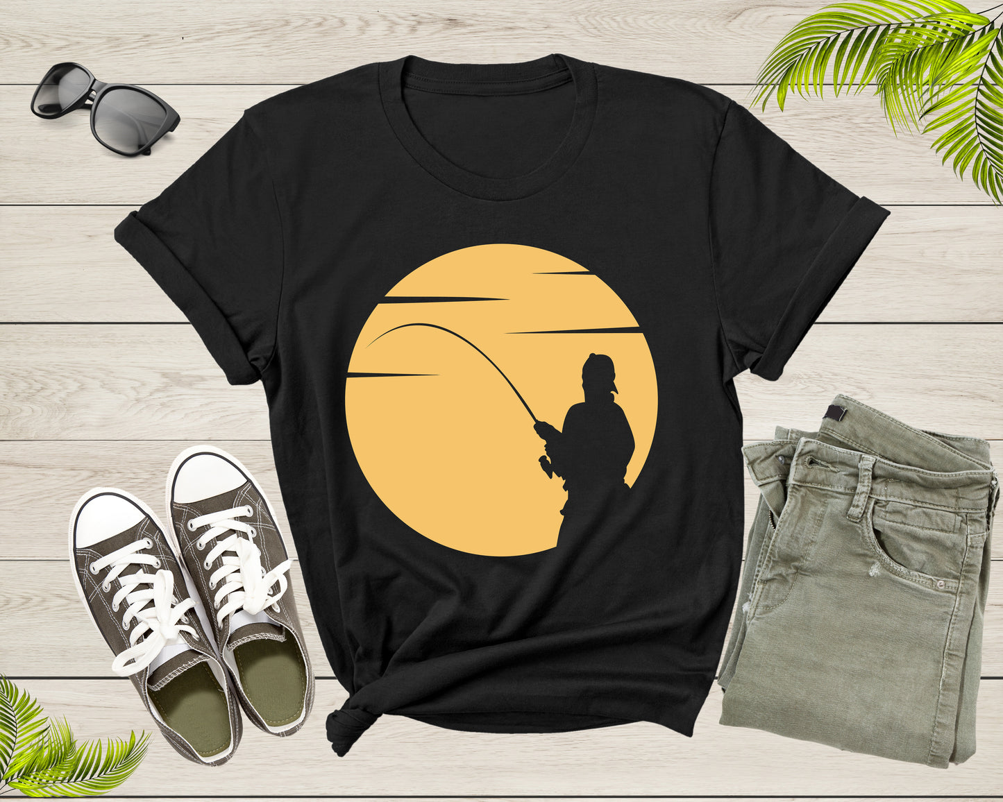 Cool Fisherman Fishing by the Lake at Sunset Fishing Rod T-Shirt Fisher Shirt for Men Women Kids Boys Girls Fishing at Sunset Gift Tshirt