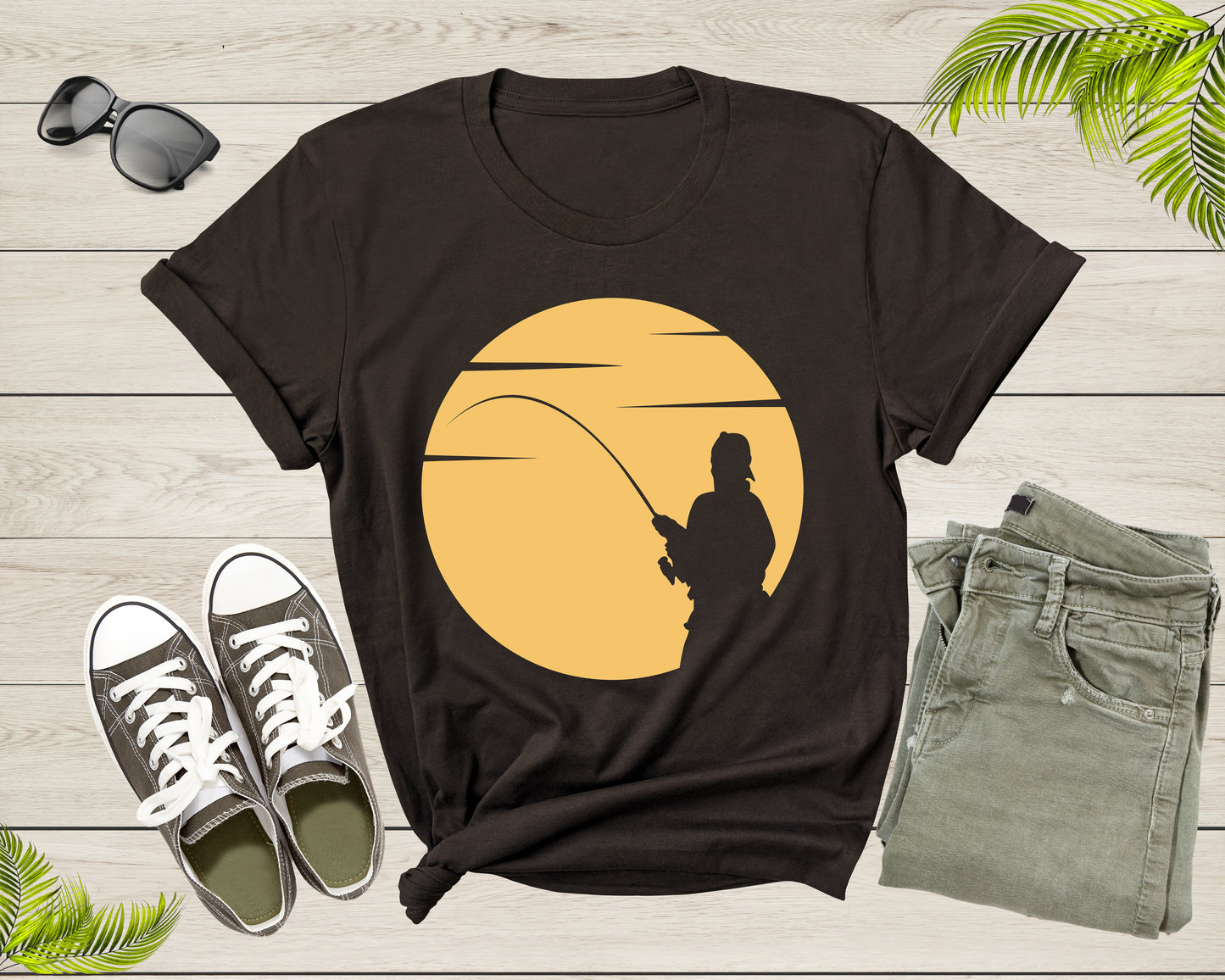 Cool Fisherman Fishing by the Lake at Sunset Fishing Rod T-Shirt Fisher Shirt for Men Women Kids Boys Girls Fishing at Sunset Gift Tshirt