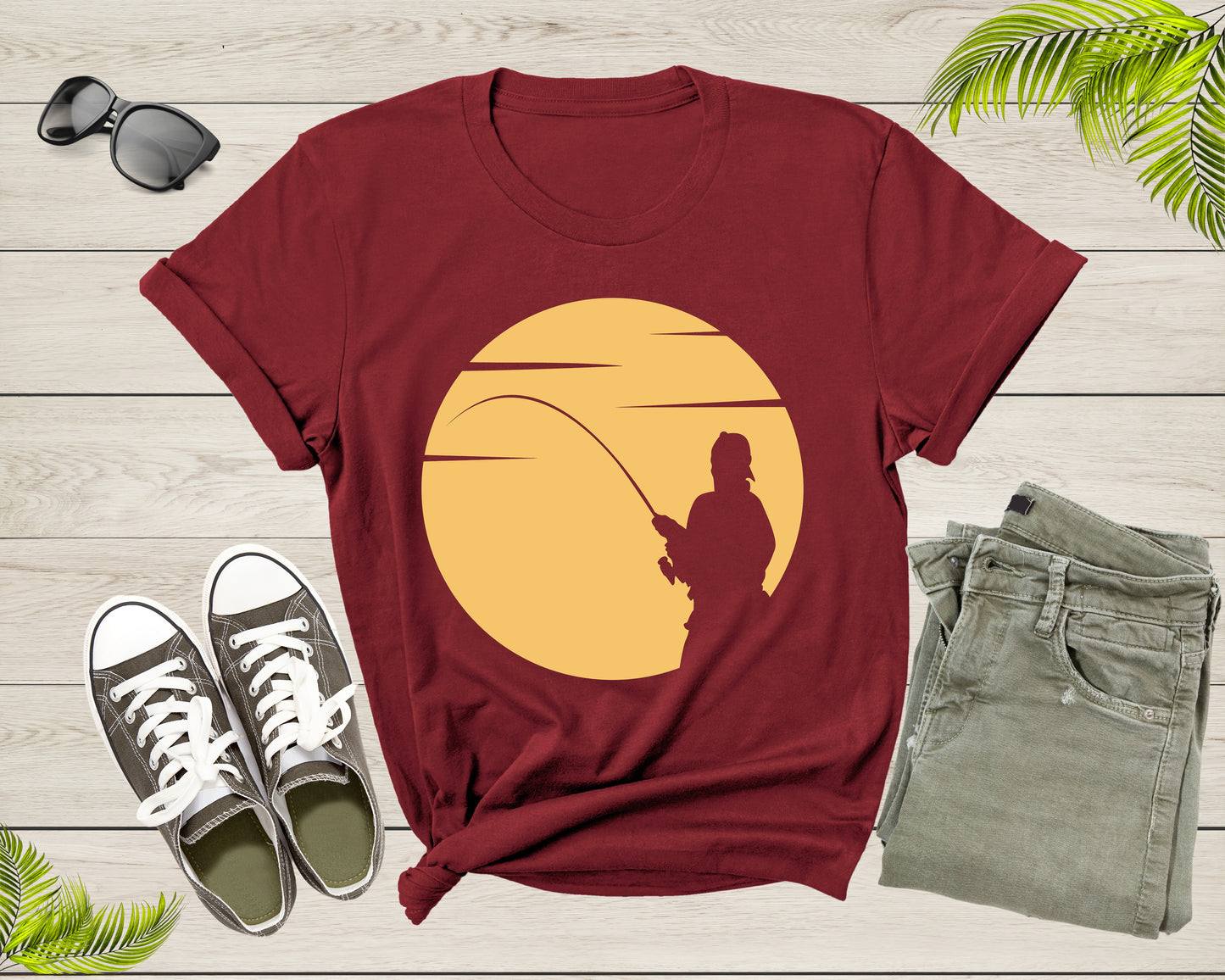 Cool Fisherman Fishing by the Lake at Sunset Fishing Rod T-Shirt Fisher Shirt for Men Women Kids Boys Girls Fishing at Sunset Gift Tshirt