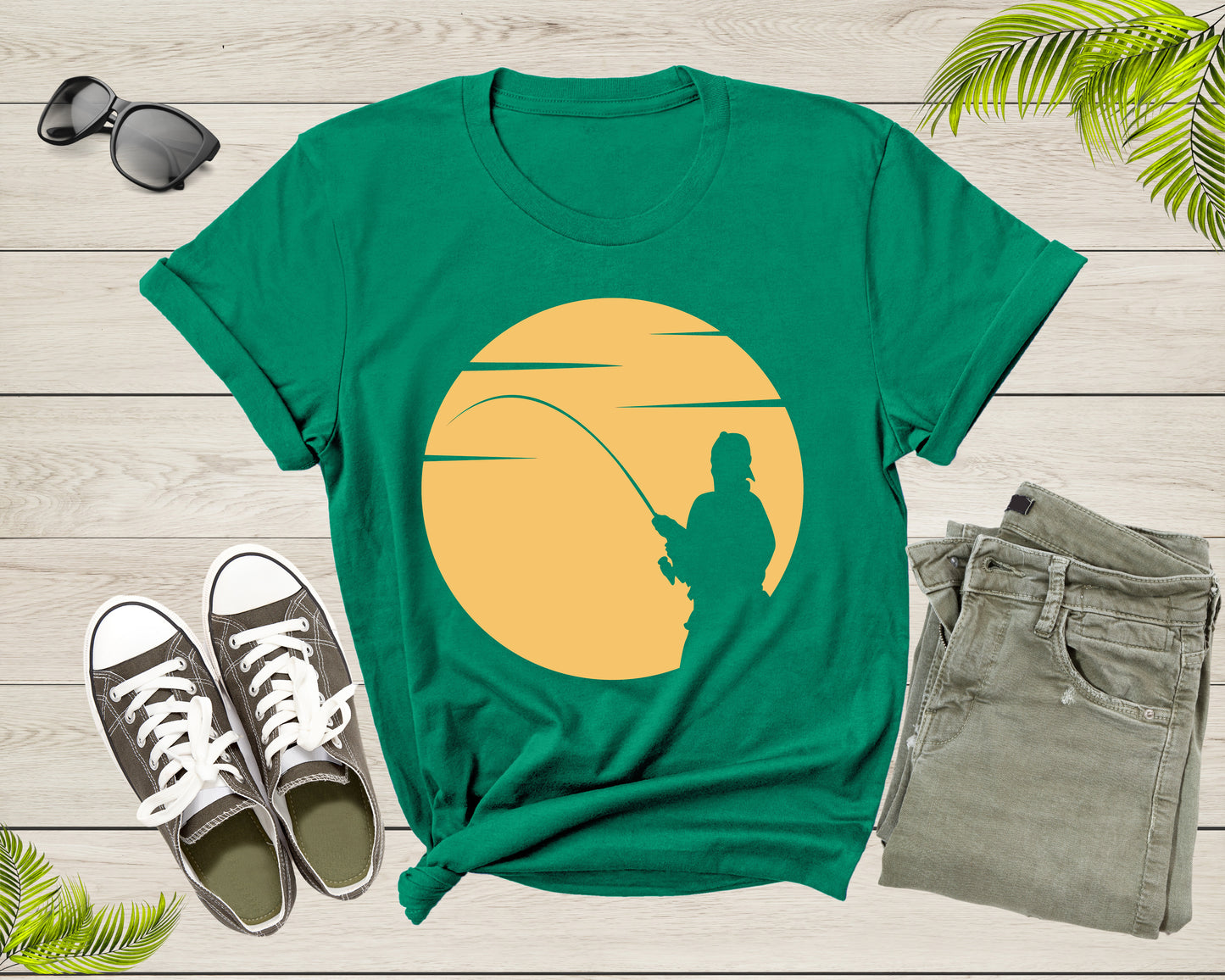 Cool Fisherman Fishing by the Lake at Sunset Fishing Rod T-Shirt Fisher Shirt for Men Women Kids Boys Girls Fishing at Sunset Gift Tshirt