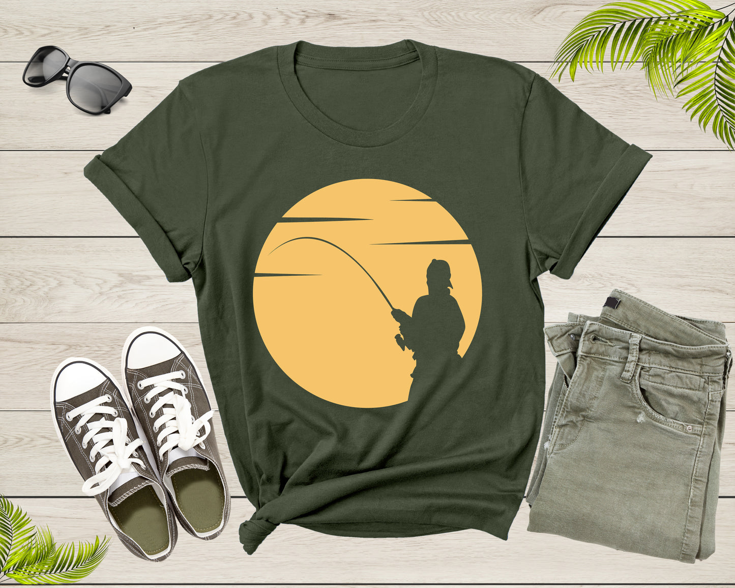 Cool Fisherman Fishing by the Lake at Sunset Fishing Rod T-Shirt Fisher Shirt for Men Women Kids Boys Girls Fishing at Sunset Gift Tshirt