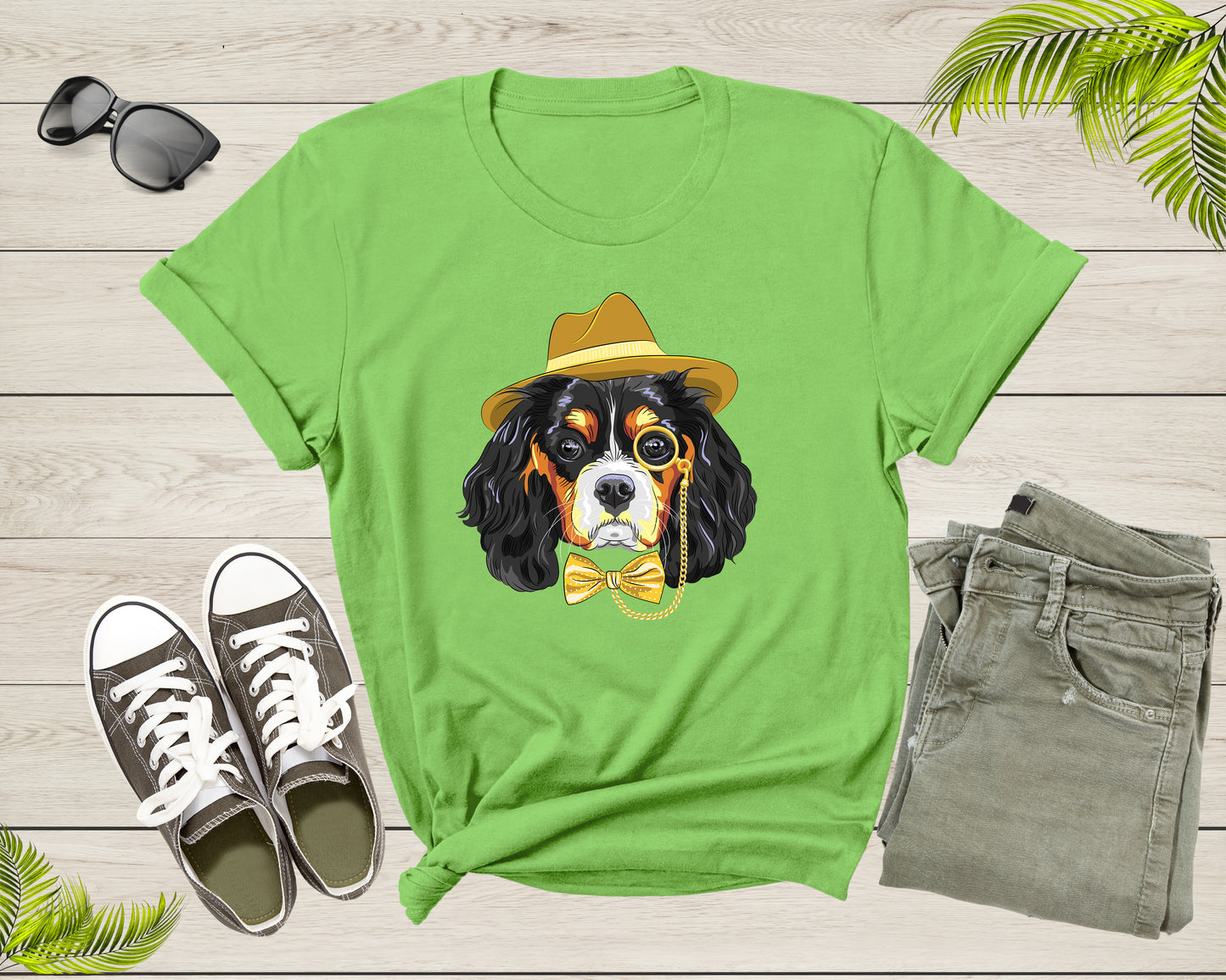 Pet Dog Doggie Puppy Animal Wearing Yellow Ribbon and Hat T-Shirt Dog Puppy Lover Owner Gift T Shirt for Men Women Kids Boys Girls Tshirt