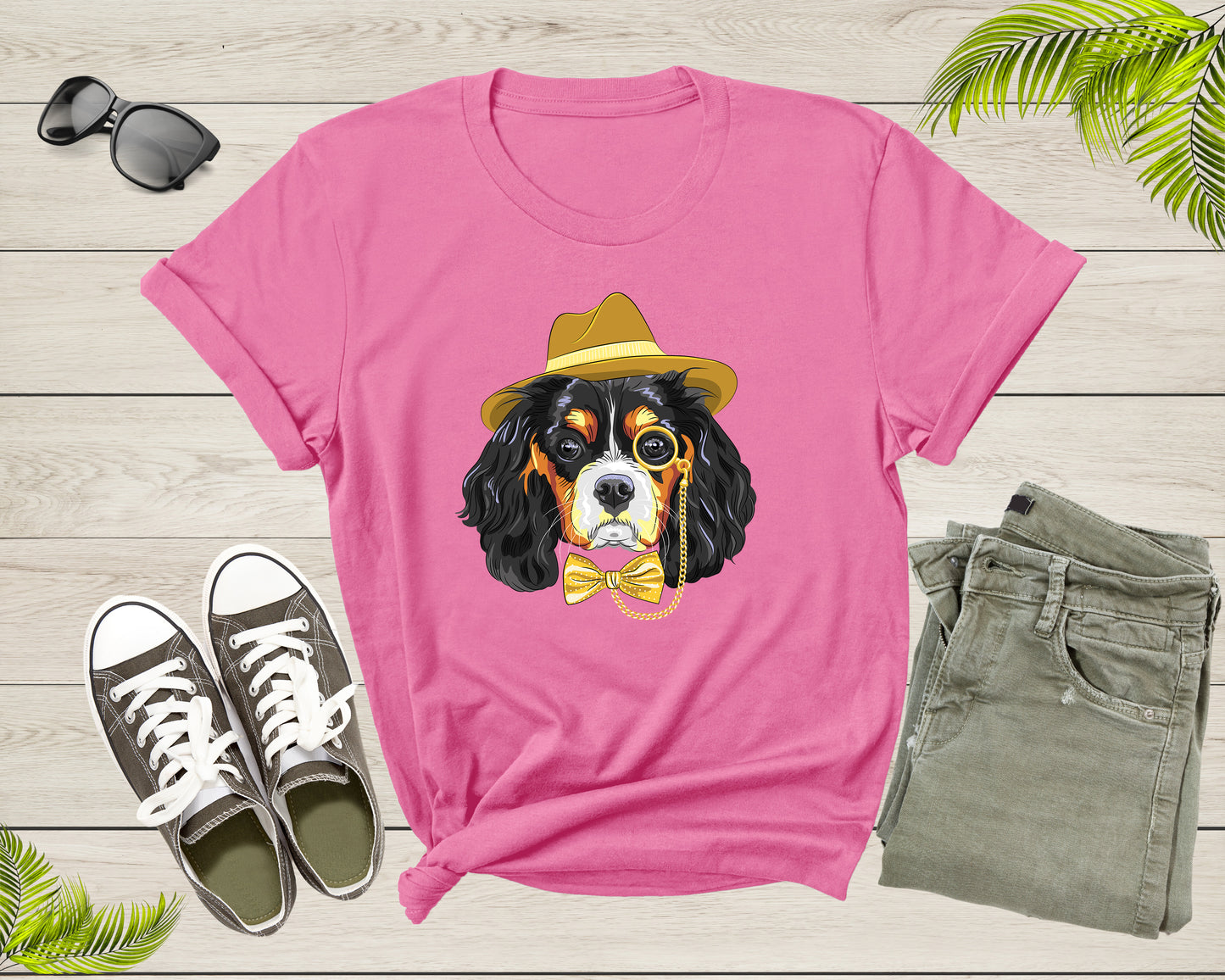 Pet Dog Doggie Puppy Animal Wearing Yellow Ribbon and Hat T-Shirt Dog Puppy Lover Owner Gift T Shirt for Men Women Kids Boys Girls Tshirt