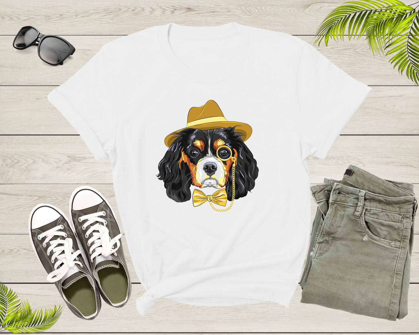 Pet Dog Doggie Puppy Animal Wearing Yellow Ribbon and Hat T-Shirt Dog Puppy Lover Owner Gift T Shirt for Men Women Kids Boys Girls Tshirt