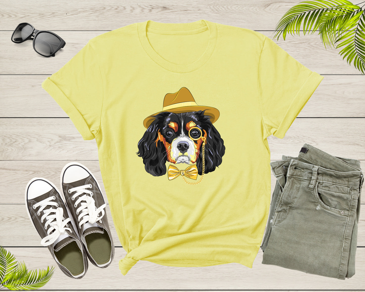 Pet Dog Doggie Puppy Animal Wearing Yellow Ribbon and Hat T-Shirt Dog Puppy Lover Owner Gift T Shirt for Men Women Kids Boys Girls Tshirt