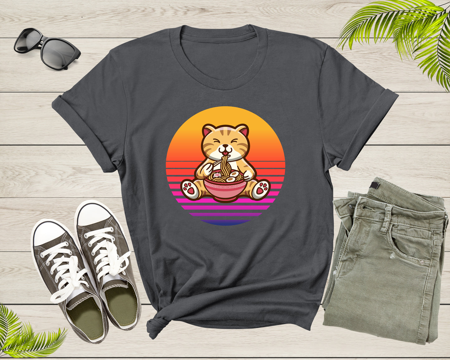 Retro Sunset Cute Cat Eating Ramen Noodles Gift Kitten Print T-shirt Japanese Ramen Noodle Foodie Shirt Ramen Lover Gift Noodle Lover Gift