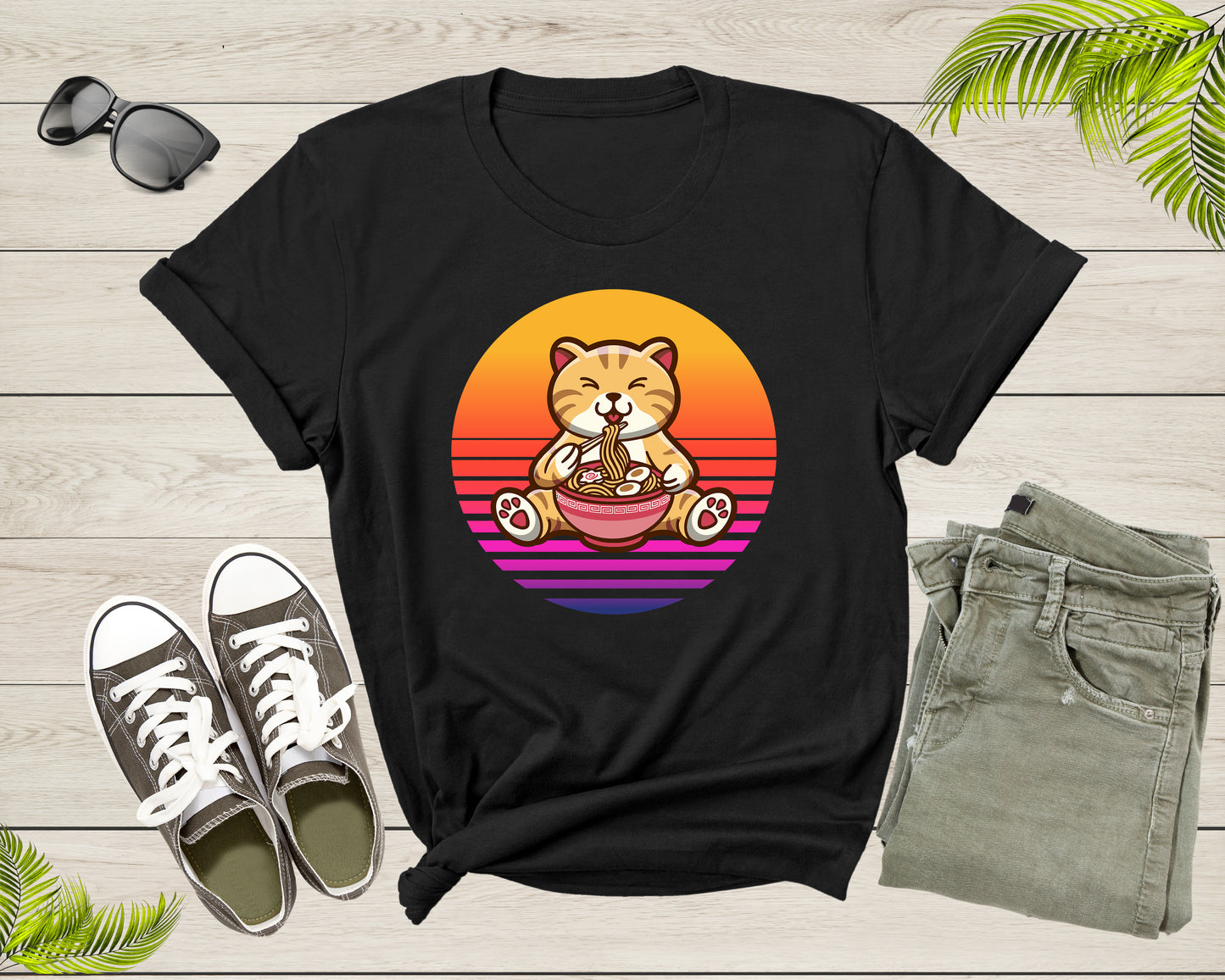 Retro Sunset Cute Cat Eating Ramen Noodles Gift Kitten Print T-shirt Japanese Ramen Noodle Foodie Shirt Ramen Lover Gift Noodle Lover Gift