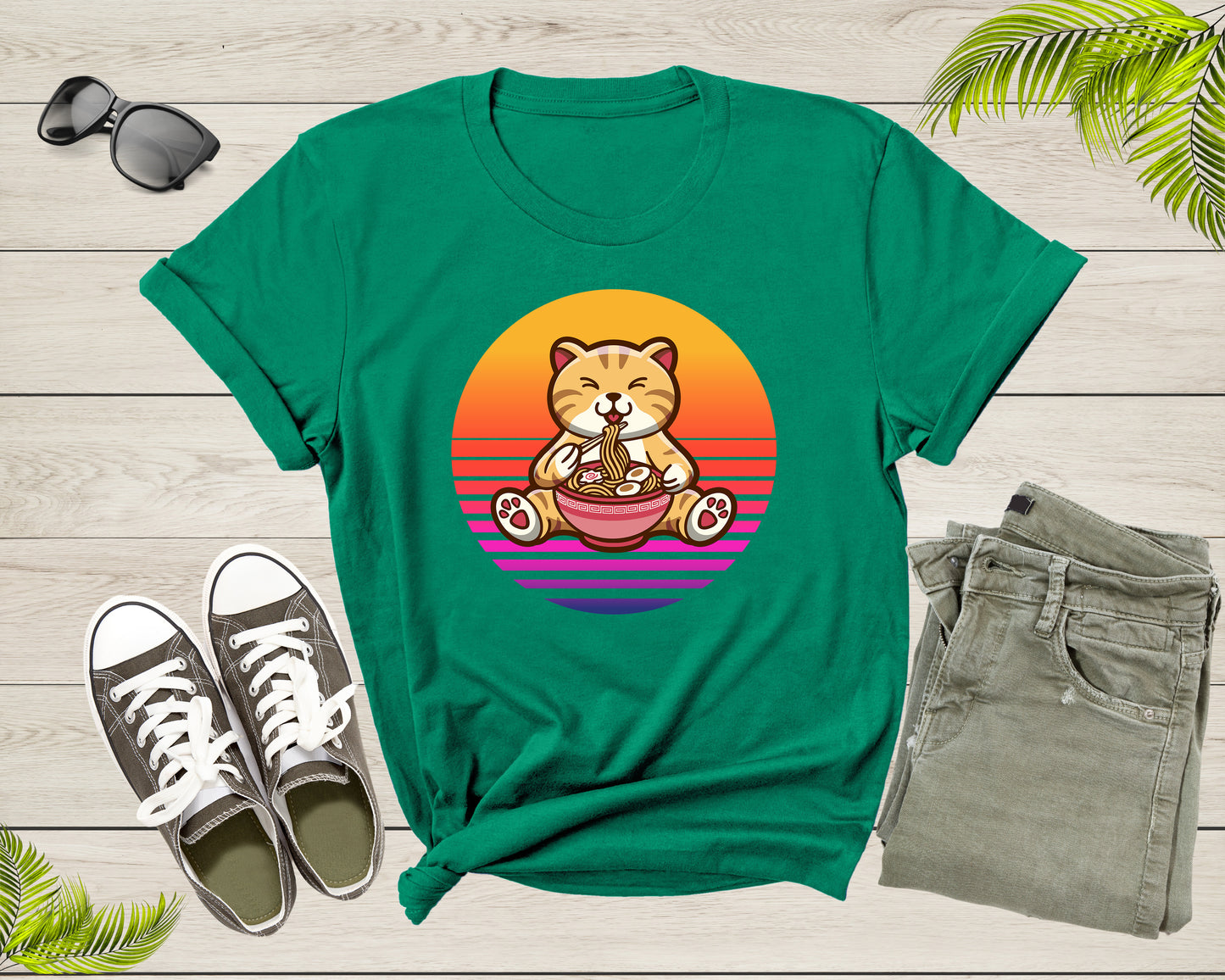 Retro Sunset Cute Cat Eating Ramen Noodles Gift Kitten Print T-shirt Japanese Ramen Noodle Foodie Shirt Ramen Lover Gift Noodle Lover Gift