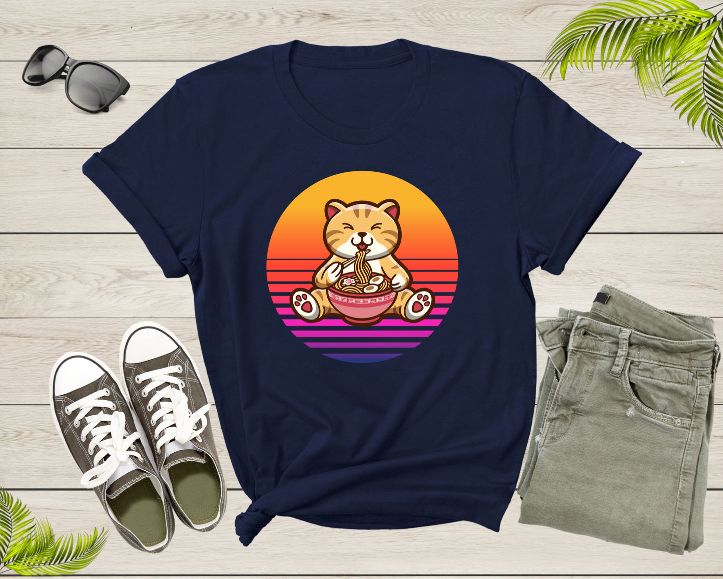 Retro Sunset Cute Cat Eating Ramen Noodles Gift Kitten Print T-shirt Japanese Ramen Noodle Foodie Shirt Ramen Lover Gift Noodle Lover Gift
