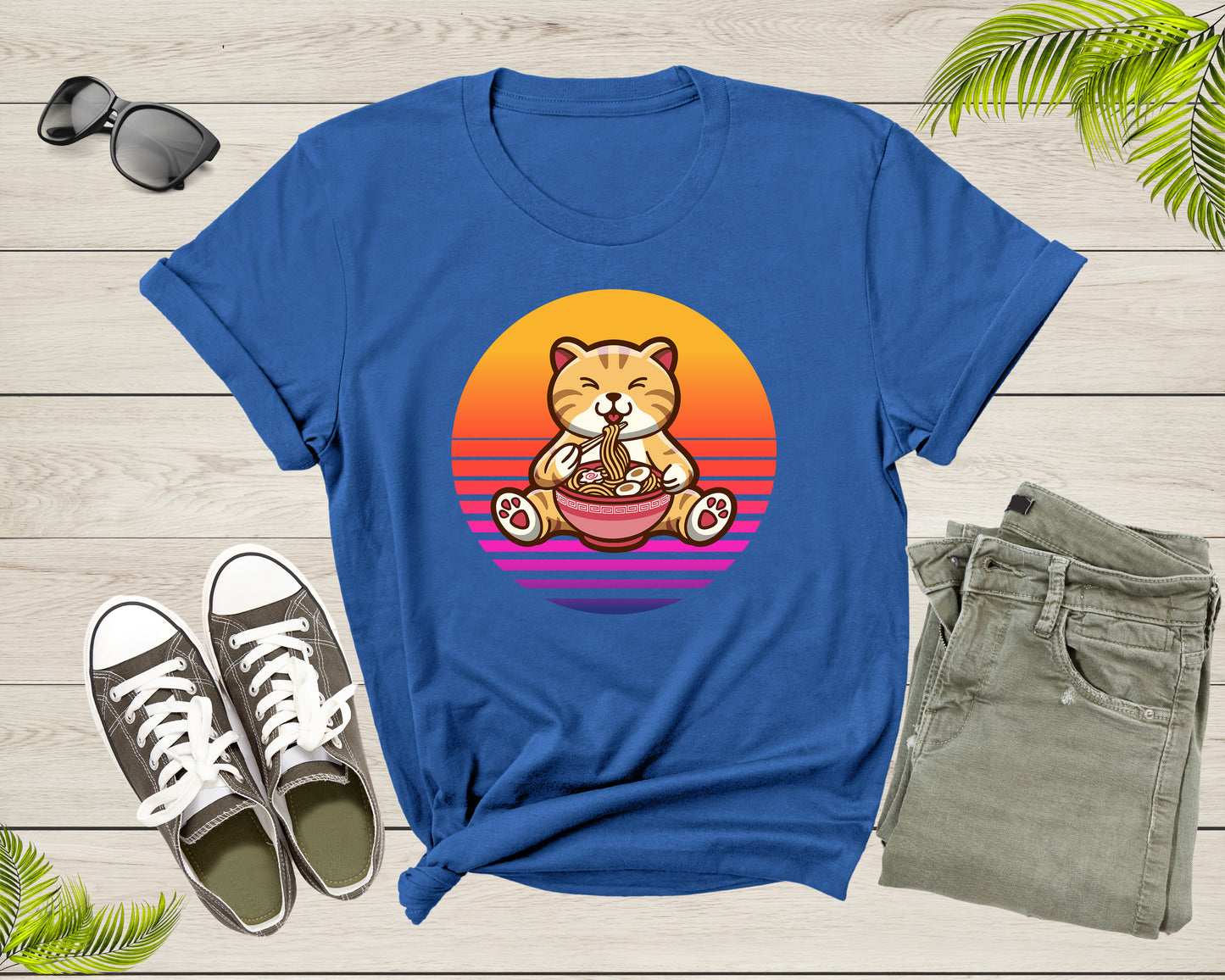 Retro Sunset Cute Cat Eating Ramen Noodles Gift Kitten Print T-shirt Japanese Ramen Noodle Foodie Shirt Ramen Lover Gift Noodle Lover Gift