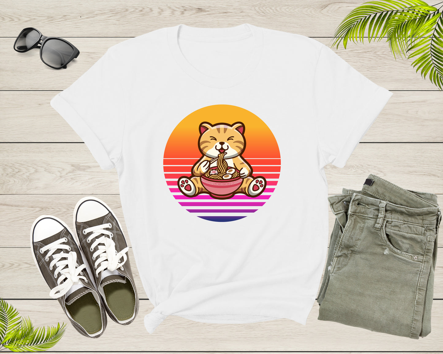Retro Sunset Cute Cat Eating Ramen Noodles Gift Kitten Print T-shirt Japanese Ramen Noodle Foodie Shirt Ramen Lover Gift Noodle Lover Gift