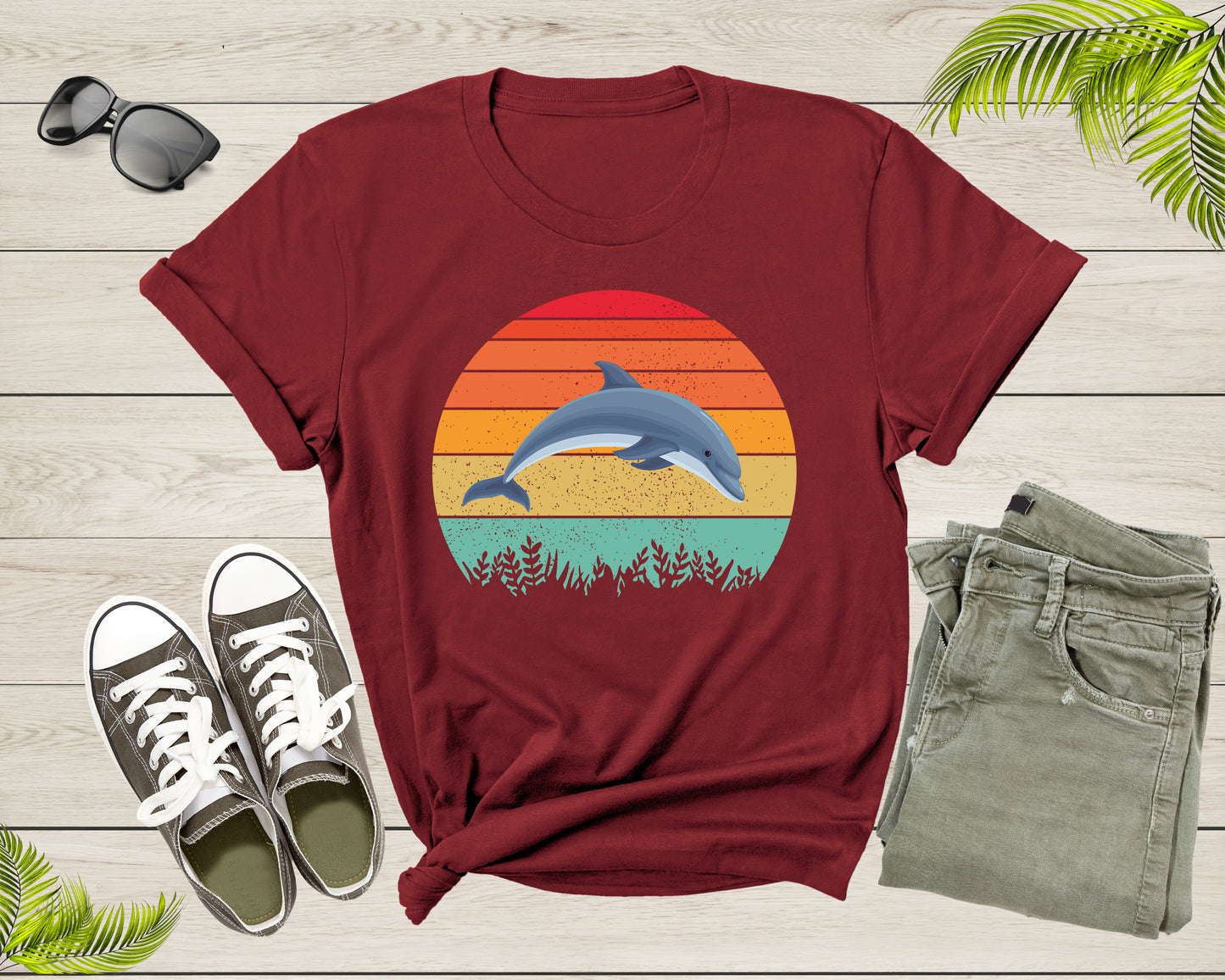 Retro Sunset Vintage Ocean Sea Dolphin Animal Fish Lover Gift for Dolphin Lovers Women Men Adults Kids Mom Dad Girls Boys Shirt T-Shirt