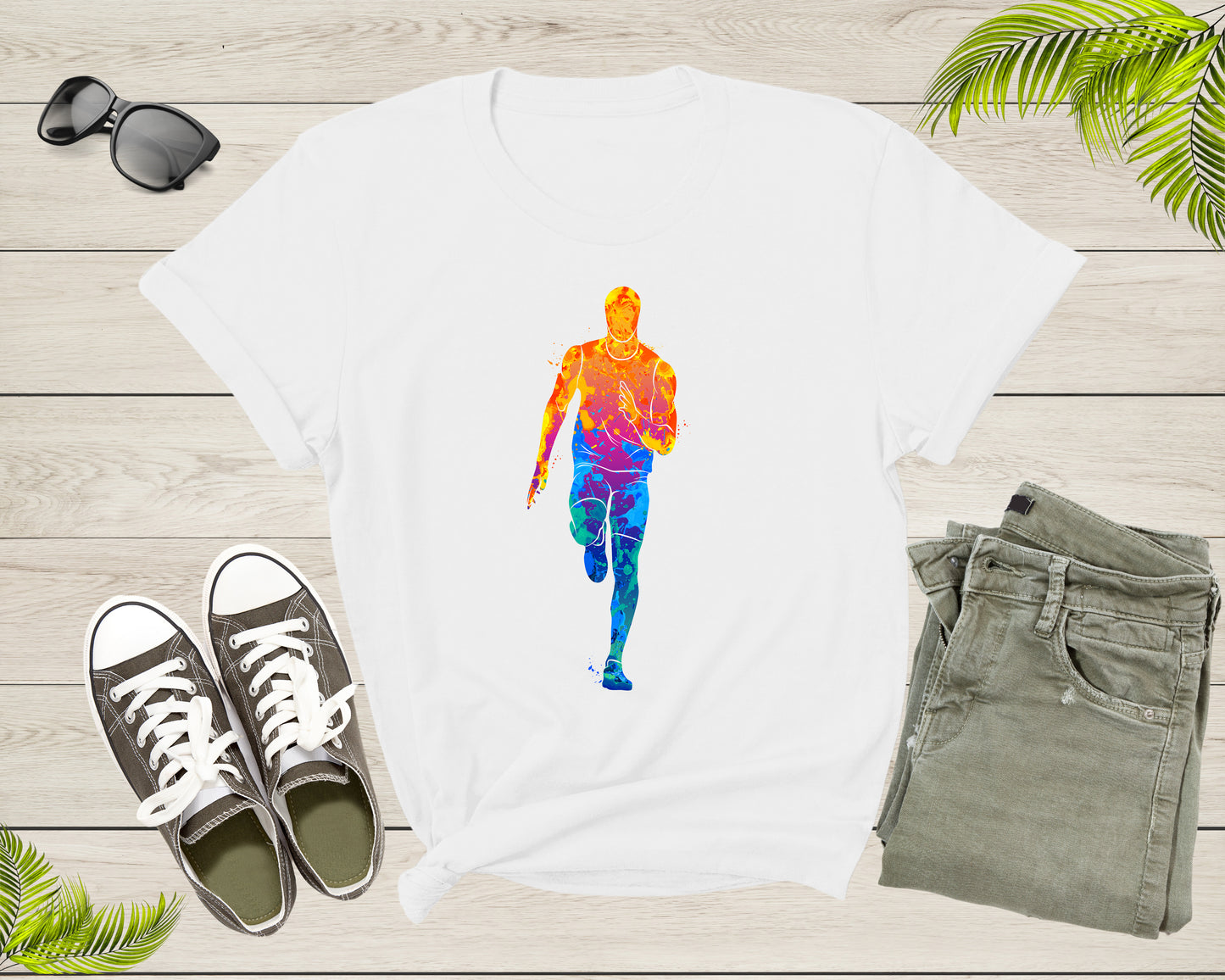 Running Man Colorful Silhouette Man Doing Sport Exercise T-Shirt Runner Running Lover Gift T Shirt for Men Women Kids Boys Girls Tshirt