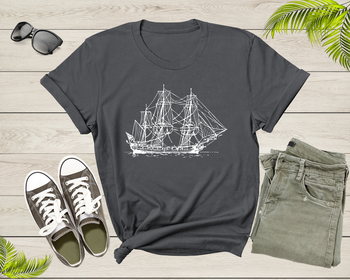 Sailing Pirate Ship Boat in the Water Hand Drawn Vessel Sail T-Shirt Sailboat Lover Sailor Gift T Shirt for Men Women Kids Boys Girls Tshirt