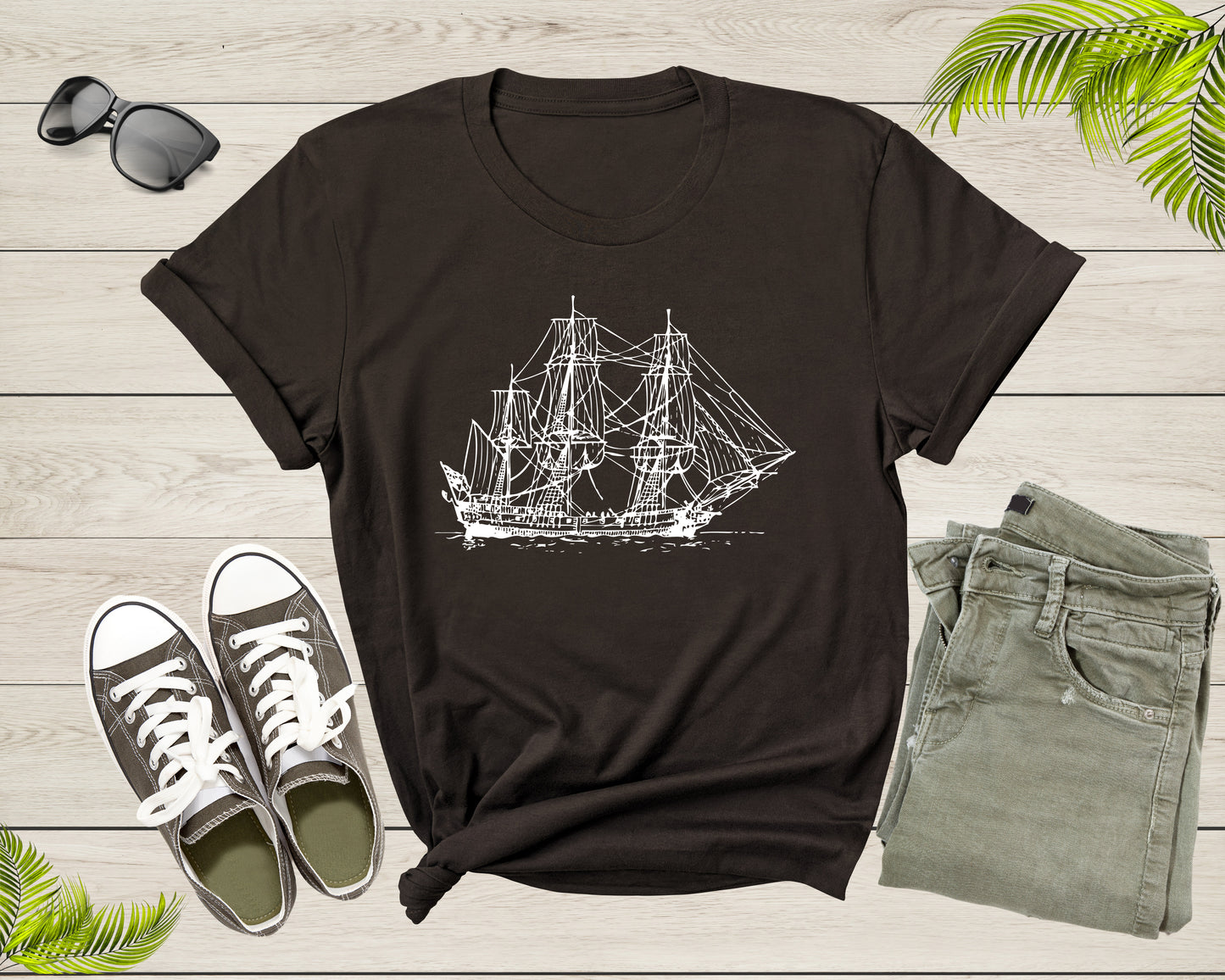 Sailing Pirate Ship Boat in the Water Hand Drawn Vessel Sail T-Shirt Sailboat Lover Sailor Gift T Shirt for Men Women Kids Boys Girls Tshirt