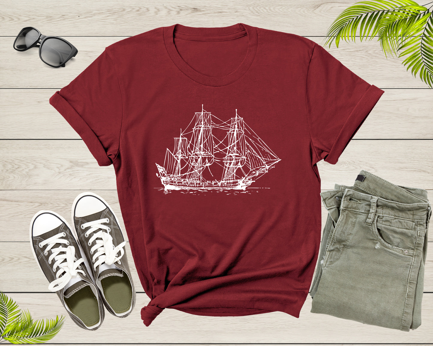 Sailing Pirate Ship Boat in the Water Hand Drawn Vessel Sail T-Shirt Sailboat Lover Sailor Gift T Shirt for Men Women Kids Boys Girls Tshirt