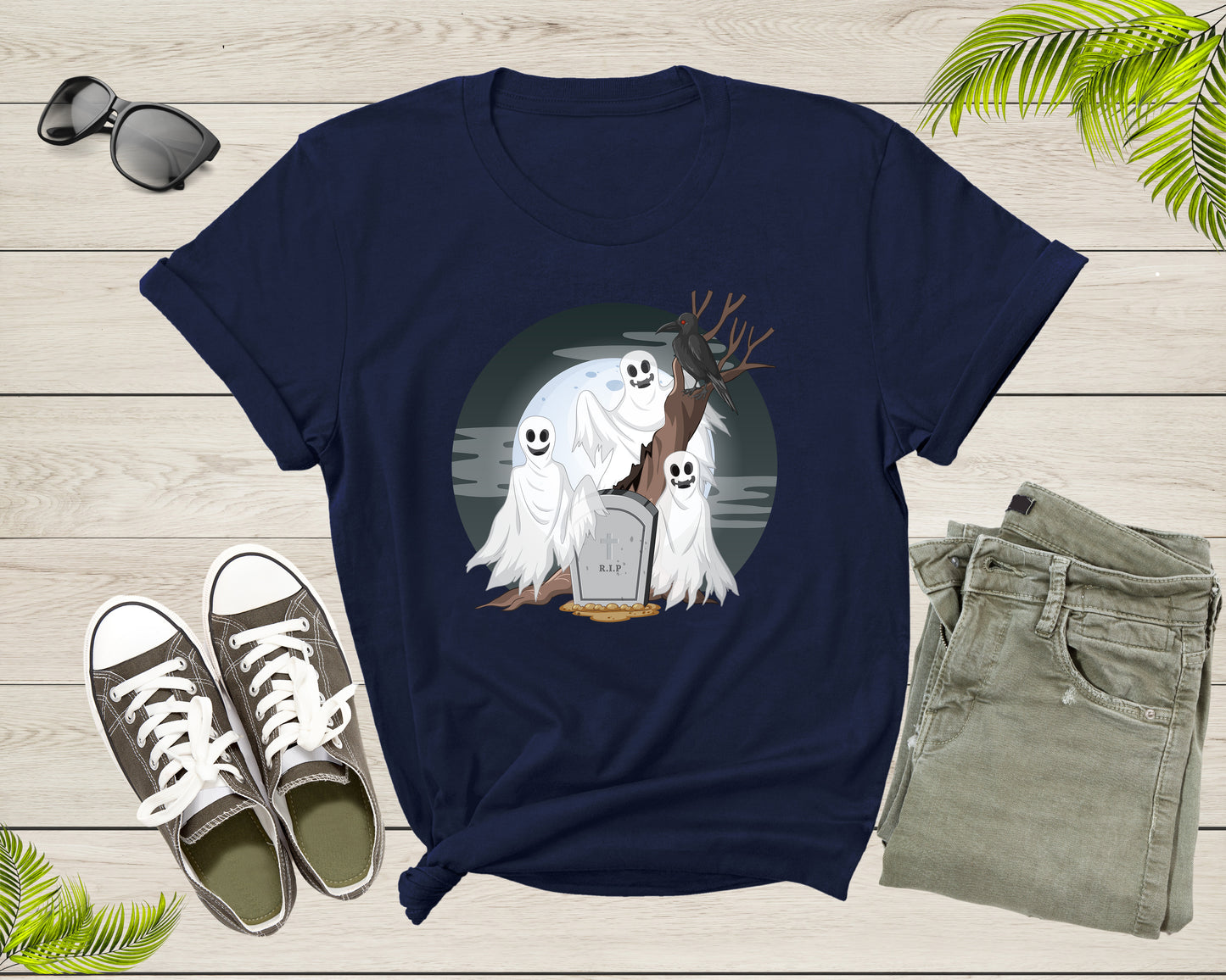 Spooky Eerie Halloween Ghosts Phantoms Crow Raven Grave Moon T-Shirt Halloween Lover Gift T Shirt for Men Women Kids Boys Girls Tshirt